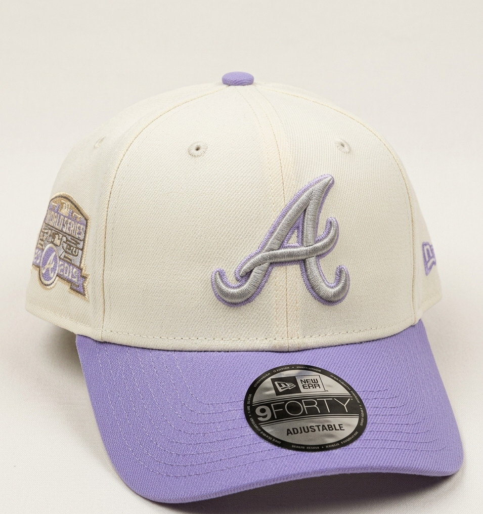 ア アラララァアアア！キャップ New Era 9FORTY A-Frame MLB Atlanta Braves Chrome Lavender Two-Tone