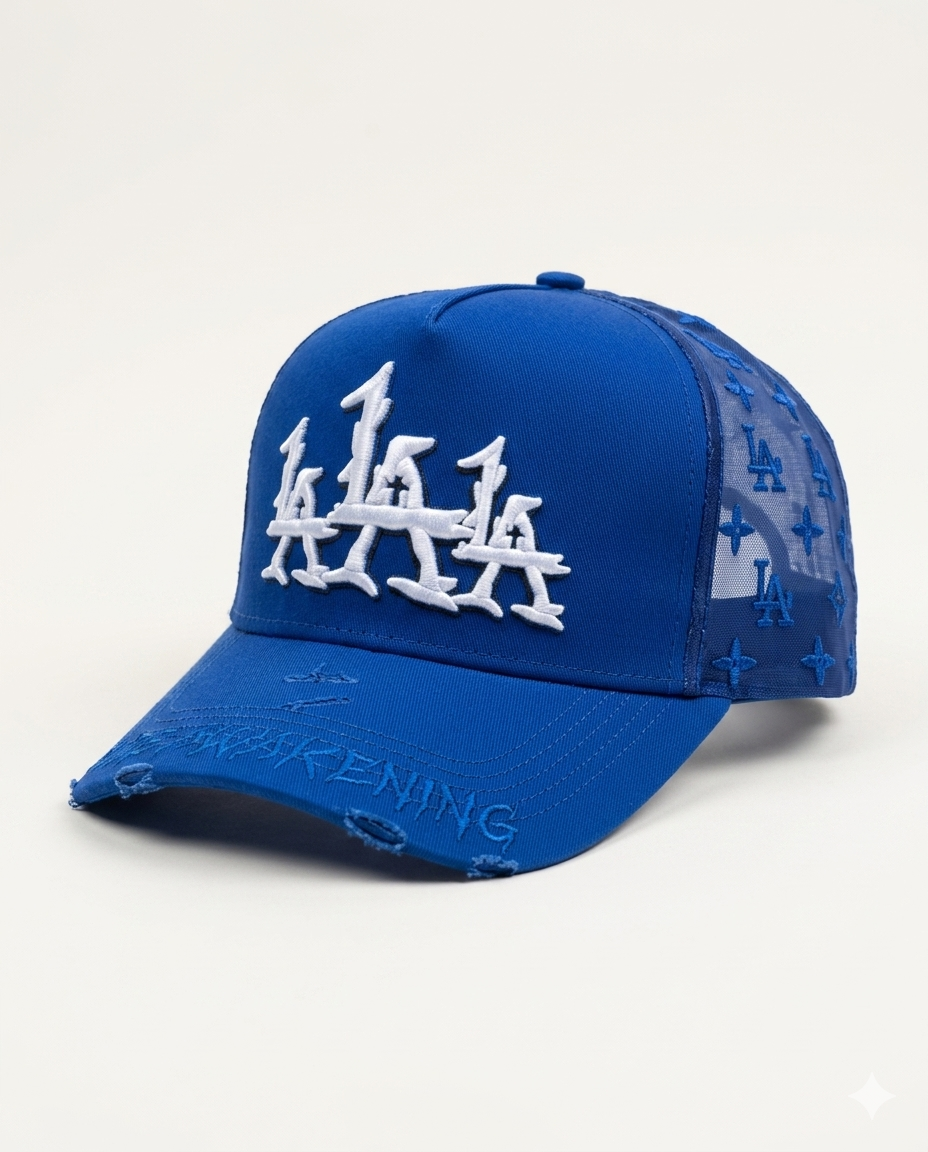 Rude Awakenings LA Repeat Logo Trucker Cap Royal Blue Distressed Monogram Edition