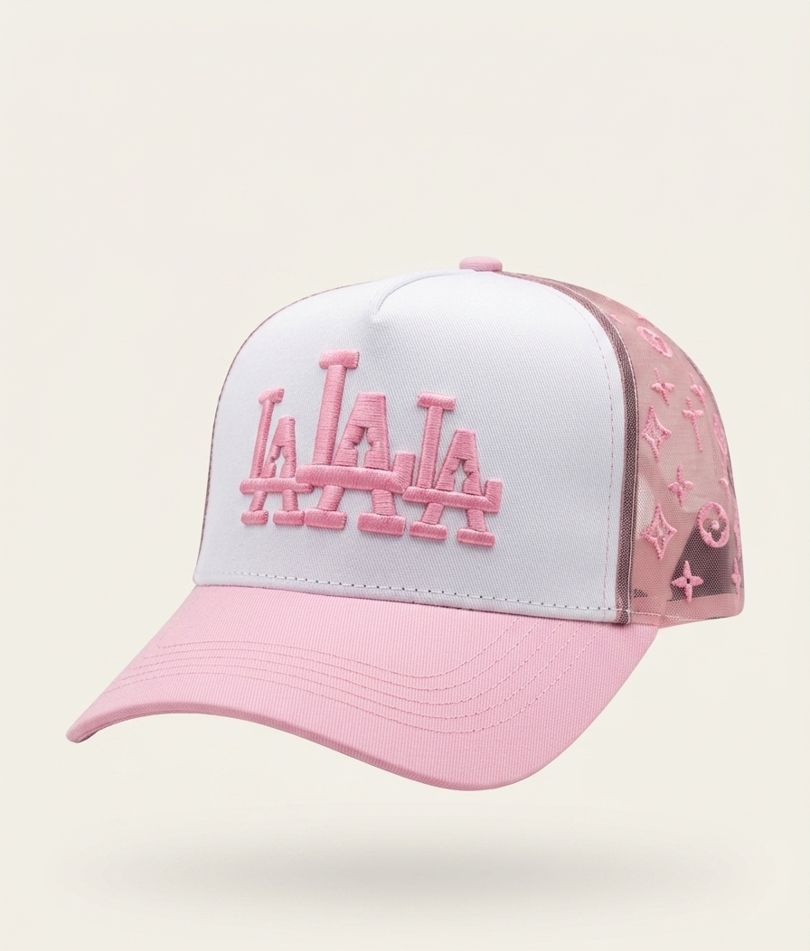 Custom LA Repeat Logo Trucker Cap White Pink Monogram Edition