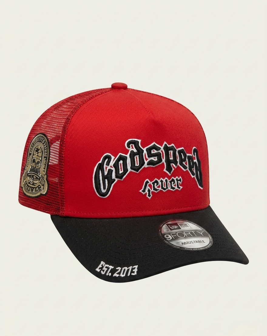 Godspeed Fever Trucker Hat Red Black Est 2013 Edition