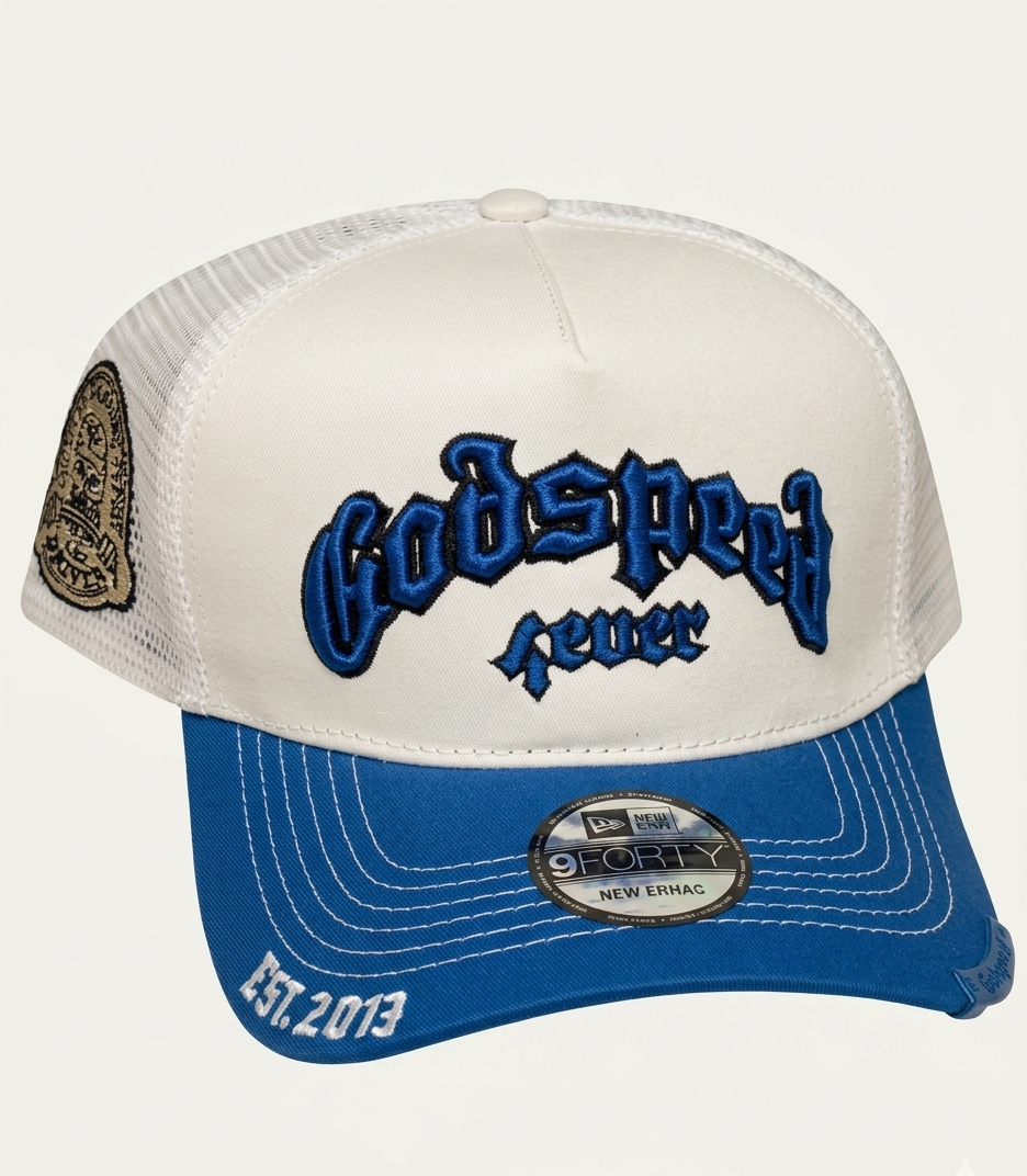 Godspeed Fever Trucker Hat White Blue Est 2013 Edition