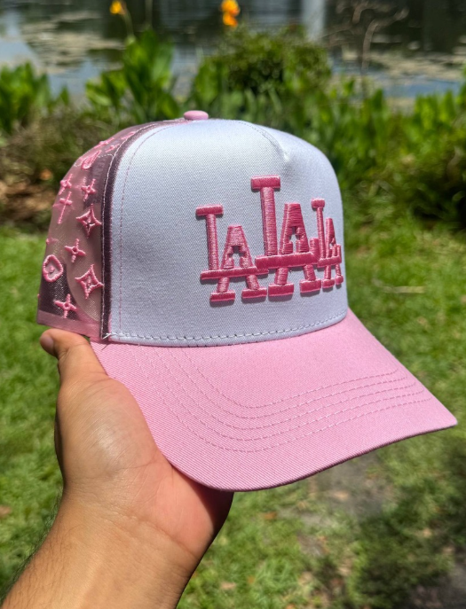 Custom LA Repeat Logo Trucker Cap White Pink Monogram Edition